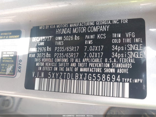 5XYZTDLBXJG558694 Hyundai Santa Fe Sport 2.4l