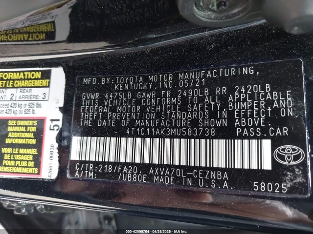 4T1C11AK3MU583738 Toyota CAMRY LE