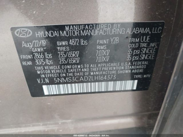 5NMS3CAD2LH164373 Hyundai Santa Fe Sel