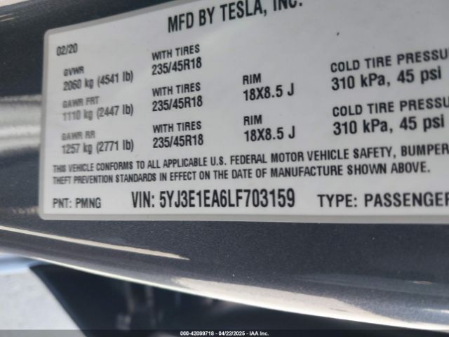 5YJ3E1EA6LF703159 Tesla Model 3 Standard Range Plus Rear-wheel Drive/standard Range Rear-wheel Drive
