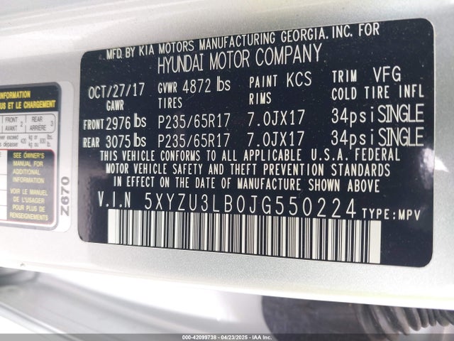 5XYZU3LB0JG550224 Hyundai Santa Fe Sport 2.4l