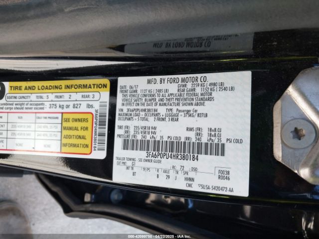 3FA6P0PU4HR380184 Ford Fusion Energi Se Luxury