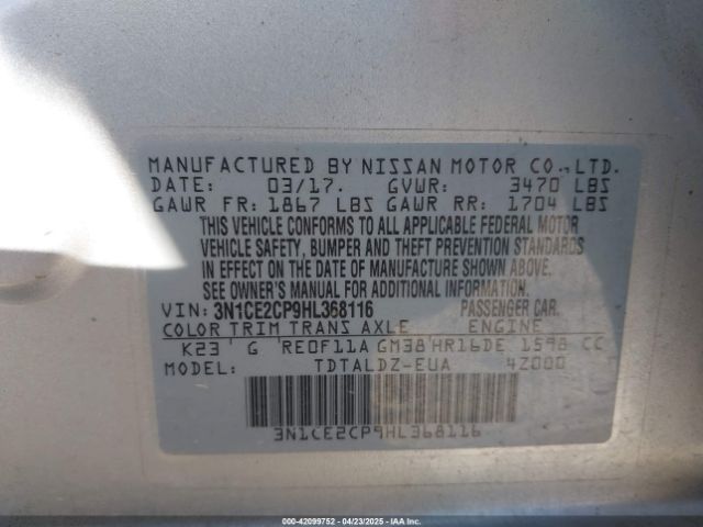 3N1CE2CP9HL368116 Nissan Versa Note Sv
