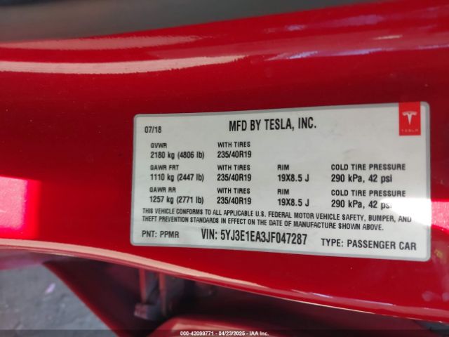 5YJ3E1EA3JF047287 Tesla Model 3 Long Range/mid Range