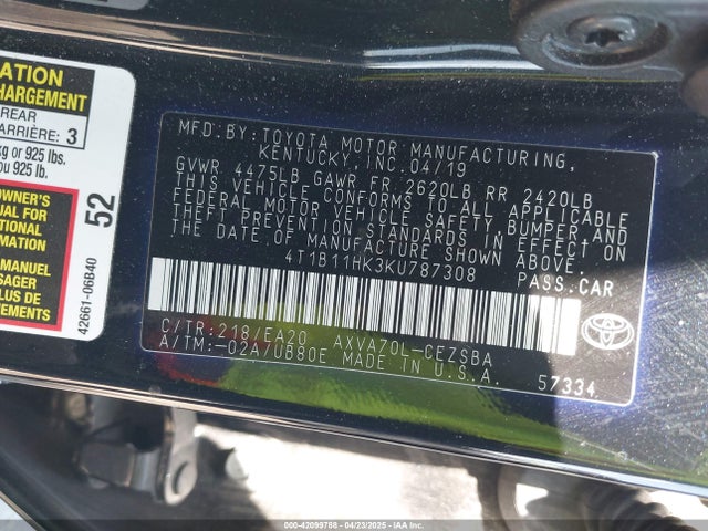 4T1B11HK3KU787308 Toyota CAMRY SE