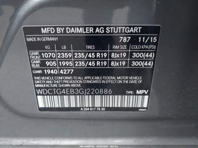 WDCTG4EB3GJ220886 Mercedes-Benz GLA 250
