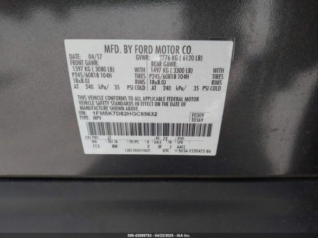 1FM5K7D82HGC85632 Ford EXPLORER XLT