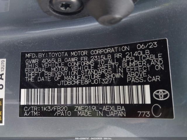 JTDBCMFE8PJ013271 Toyota Corolla Hybrid Le