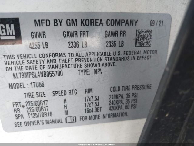 KL79MPSL4NB065700 Chevrolet Trailblazer Fwd Lt