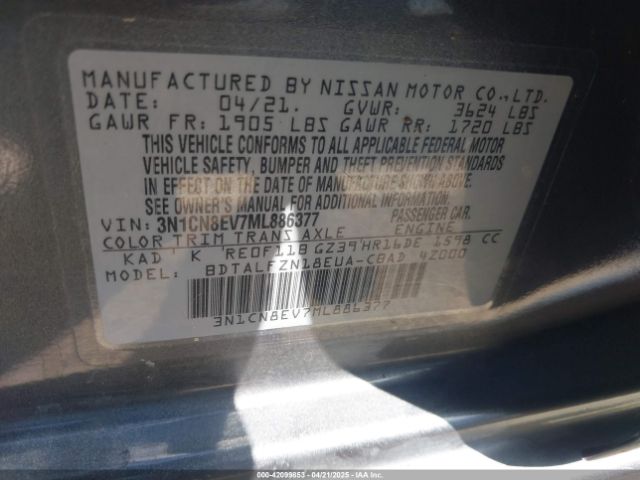 3N1CN8EV7ML886377 Nissan Versa Sv Xtronic Cvt