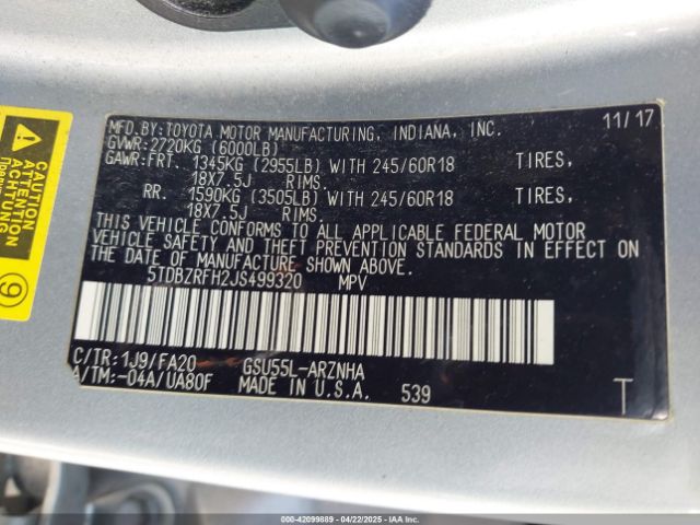 5TDBZRFH2JS499320 Toyota Highlander Le Plus