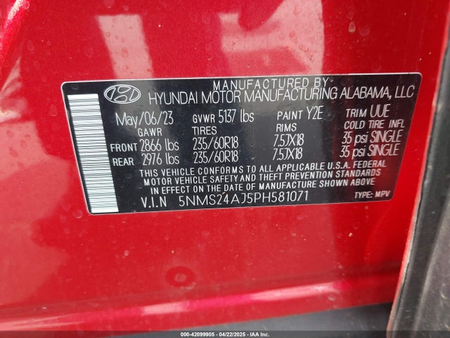 5NMS24AJ5PH581071 Hyundai gdi theta iii