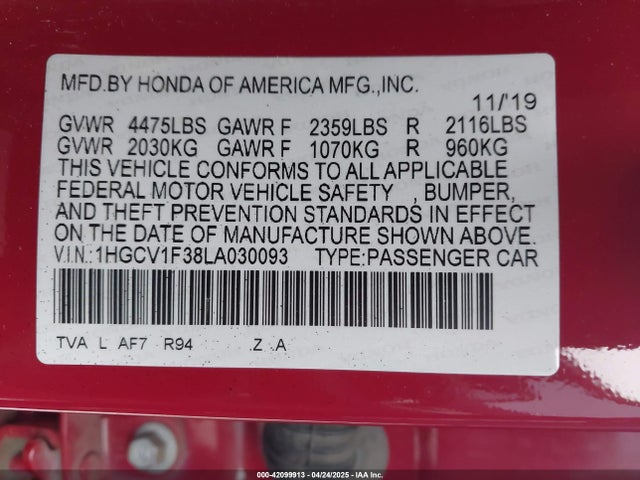 1HGCV1F38LA030093 Honda Accord Sport