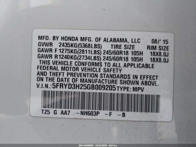 5FRYD3H25GB009205 Acura Mdx Acurawatch Plus Package