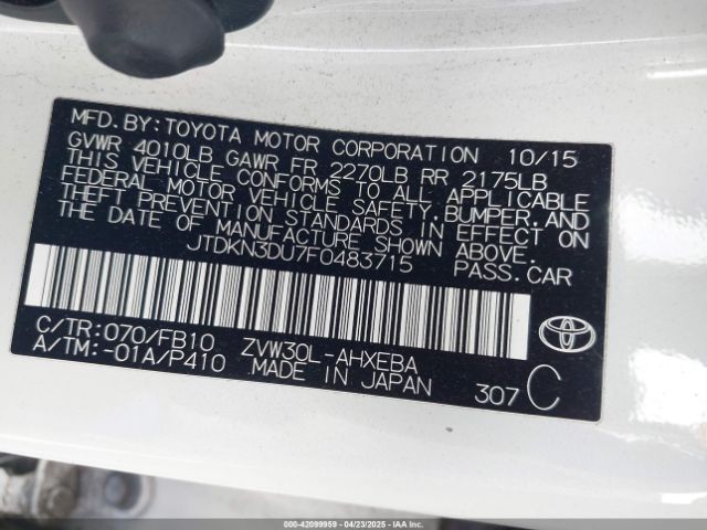 JTDKN3DU7F0483715 Toyota Prius Two