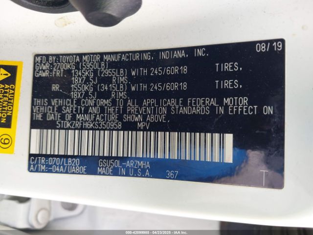 5TDKZRFH6KS350958 Toyota Highlander Xle