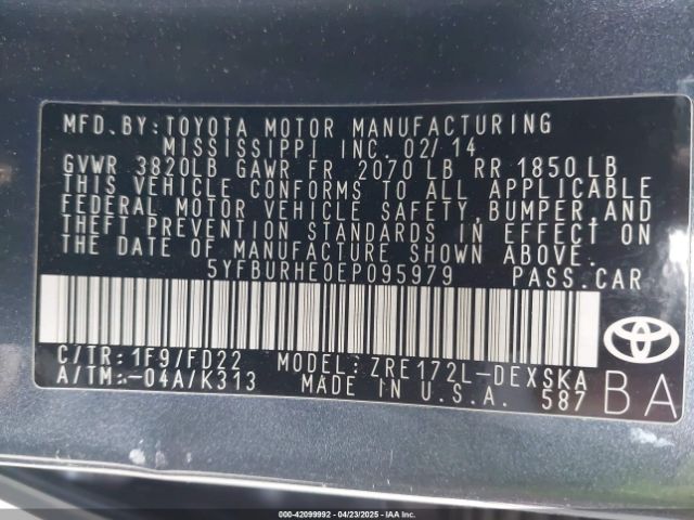 5YFBURHE0EP095979 Toyota Corolla S Plus