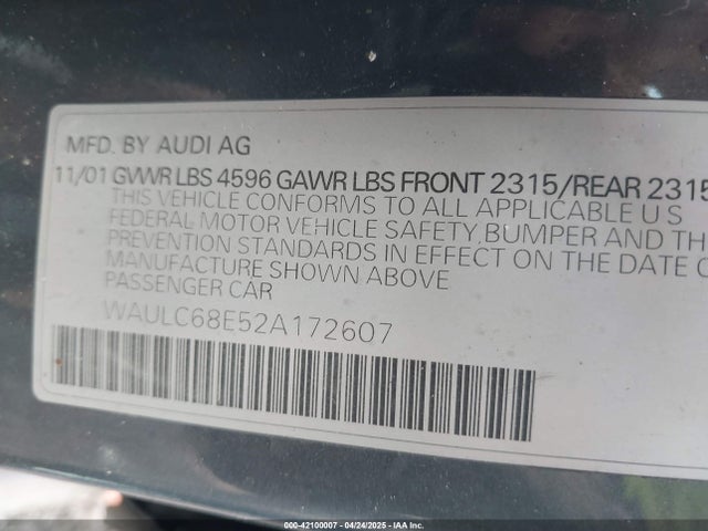 2002 AUDI A4 WAULC68E52A172607 Photo 8