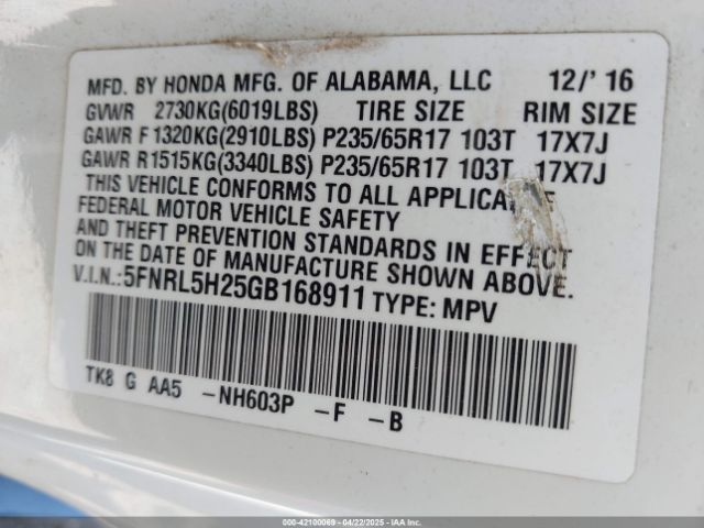 5FNRL5H25GB168911 Honda ODYSSEY LX