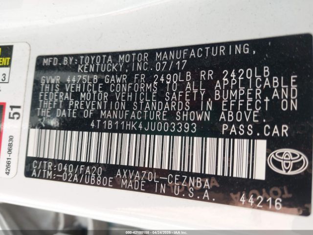 4T1B11HK4JU003393 Toyota CAMRY LE