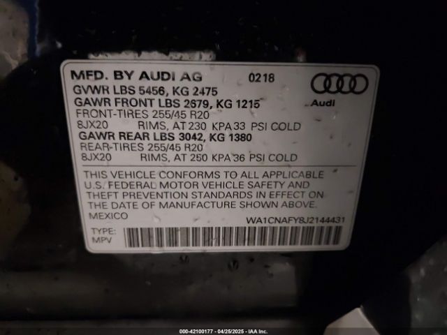 WA1CNAFY8J2144431 Audi Q5 2.0t Premium/2.0t Tech Premium