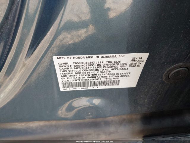 5FNYF6H0XKB063801 Honda Pilot Elite