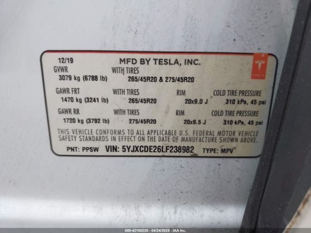 5YJXCDE26LF238982 Tesla Model X Long Range Dual Motor All-wheel Drive/long Range Plus Dual Motor All-wheel Drive