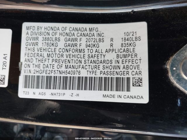 2HGFE2F57NH540976 Honda Civic Sport