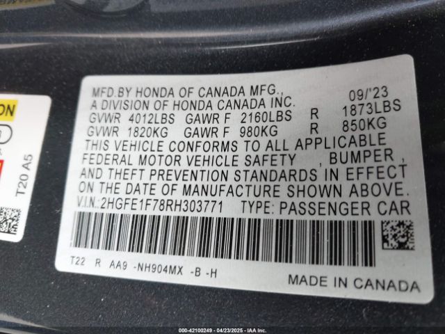 2HGFE1F78RH303771 Honda CIVIC EX