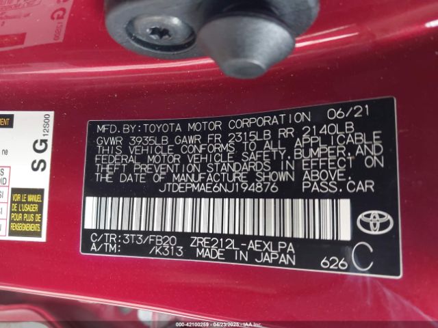 JTDEPMAE6NJ194876 Toyota COROLLA LE
