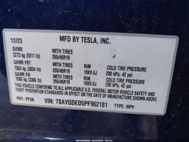 7SAYGDED5PF962181 Tesla Model Y Rwd