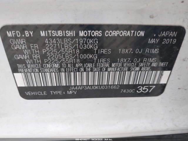 2019 MITSUBISHI OUTLANDER SPORT JA4AP3AU0KU031662 Photo 8