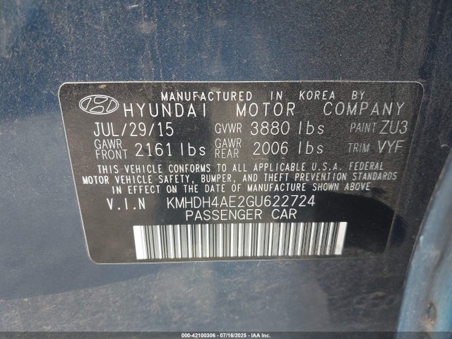 Aukcja sprzedaży 2016 Hyundai Elantra Limited, vin: KMHDH4AE2GU622724, numer aukcji: 42100306