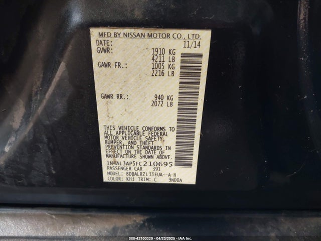 Продаж на аукціоні авто 2015 Nissan Altima 2.5 Sl, vin: 1N4AL3AP5FC210695, номер лоту: 42100329