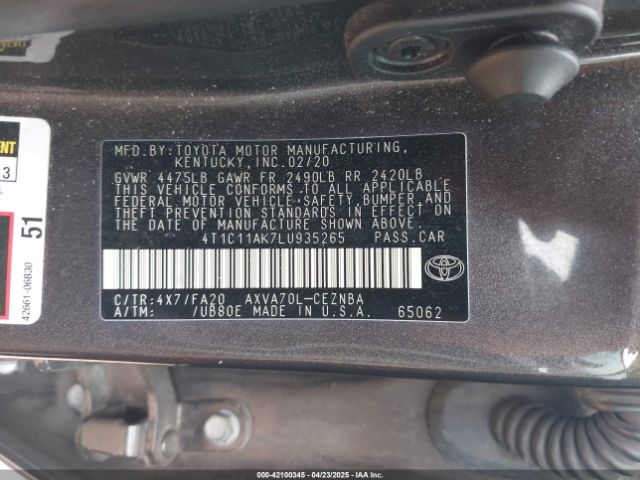 4T1C11AK7LU935265 Toyota CAMRY LE