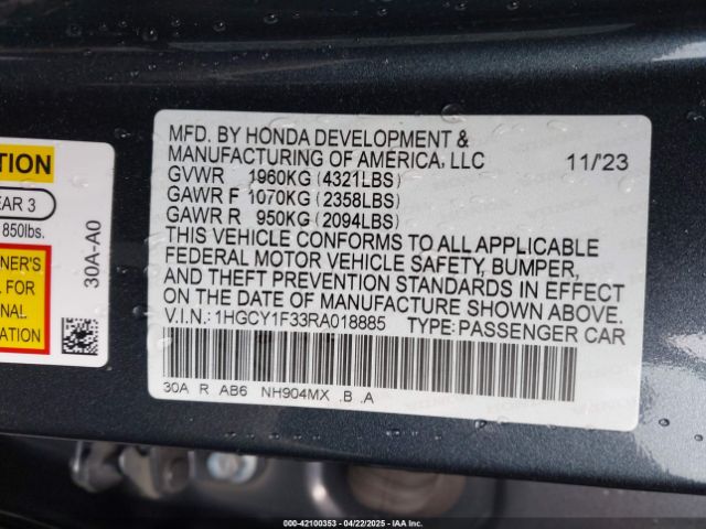 1HGCY1F33RA018885 Honda ACCORD EX