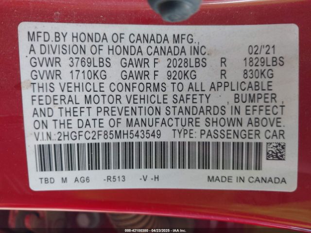 2021 HONDA CIVIC 2HGFC2F85MH543549 Photo 8
