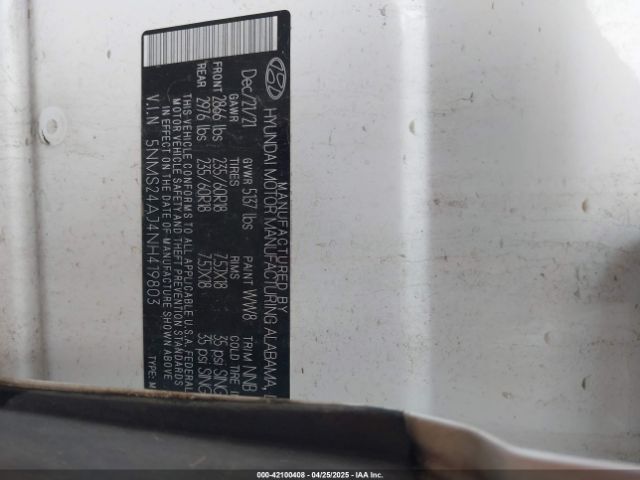 5NMS24AJ4NH419803 Hyundai Santa Fe Sel
