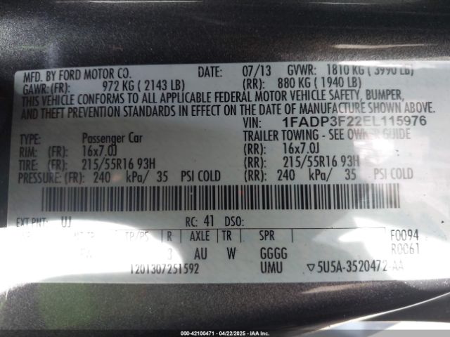 1FADP3F22EL115976 Ford FOCUS SE
