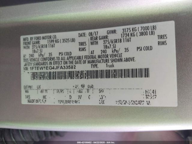 1FTEW1EG4JFA33582 Ford F-150 Lariat