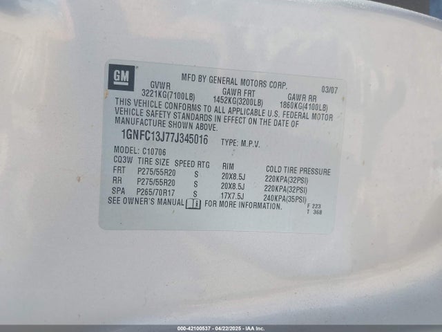 42100537 :رقم المزاد ، 1GNFC13J77J345016 vin ، 2007 Chevrolet Tahoe Lt مزاد بيع