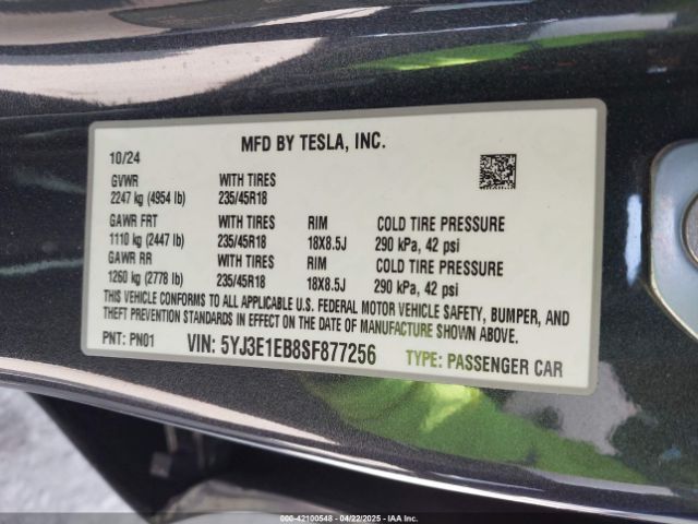 5YJ3E1EB8SF877256 Tesla Model 3 Long Range All-wheel Drive