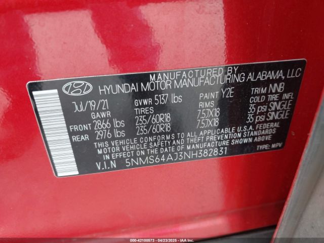5NMS64AJ3NH382831 Hyundai Santa Fe Xrt