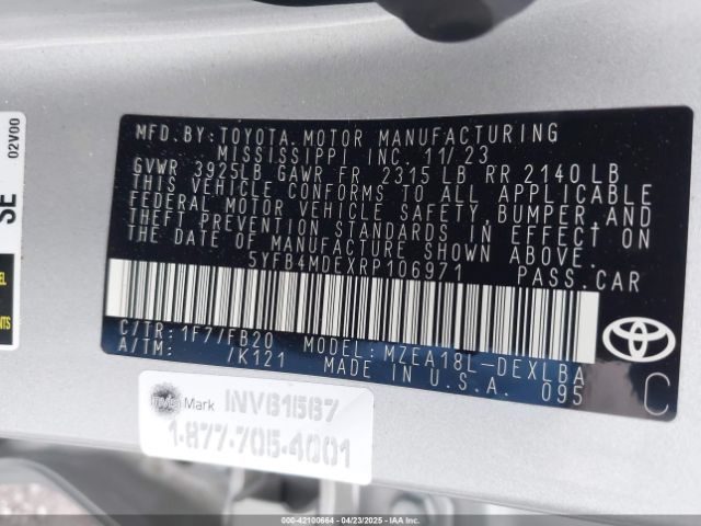 5YFB4MDEXRP106971 Toyota COROLLA LE