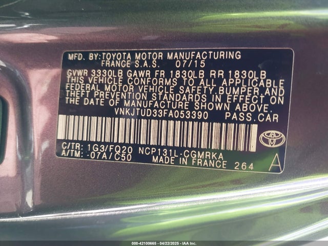 VNKJTUD33FA053390 Toyota YARIS L