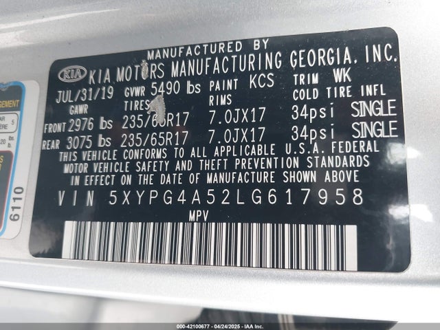 5XYPG4A52LG617958 KIA gdi lambda-ii
