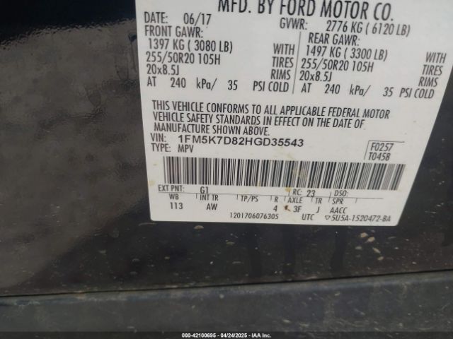 1FM5K7D82HGD35543 Ford EXPLORER XLT