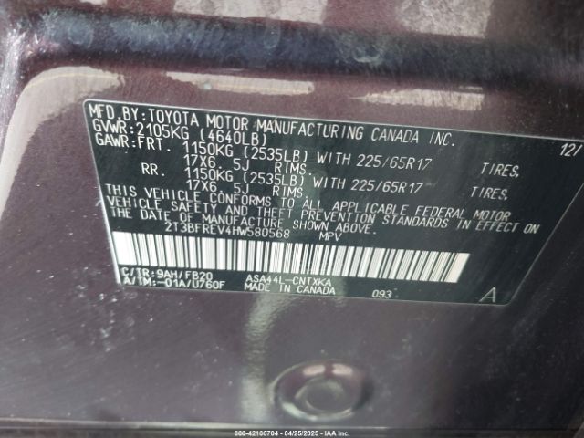 2T3BFREV4HW580568 Toyota RAV4 LE