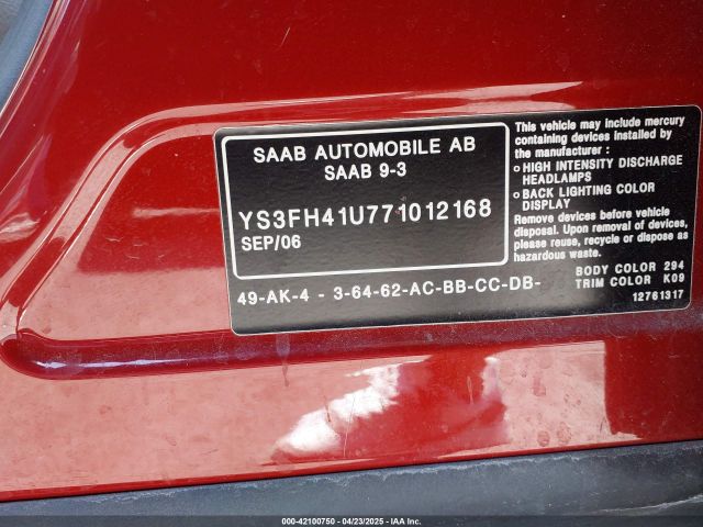 2007 SAAB 9-3 YS3FH41U771012168 Photo 8