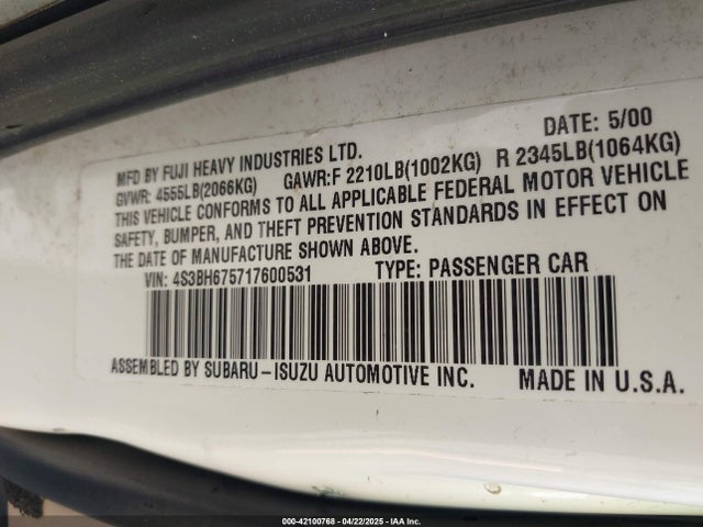 Продажа на аукционе авто 2001 Subaru Outback, vin: 4S3BH675717600531, номер лота: 42100768